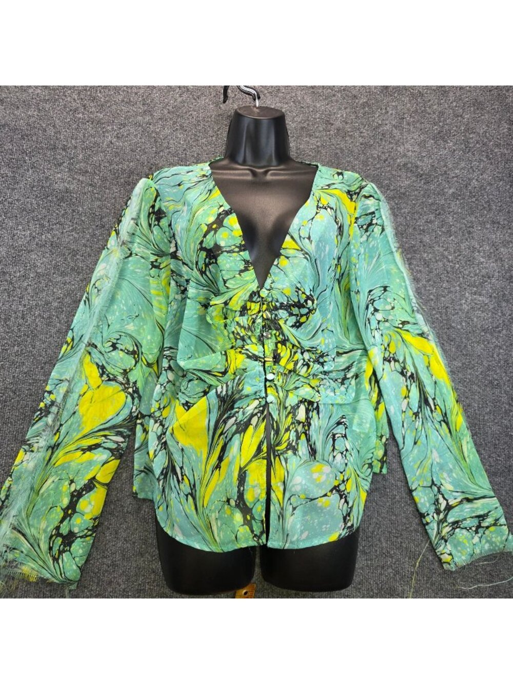 ASOS Design V Neck Ruched Blouse 14 Blue Yellow Marble Print Raw Hem Festival